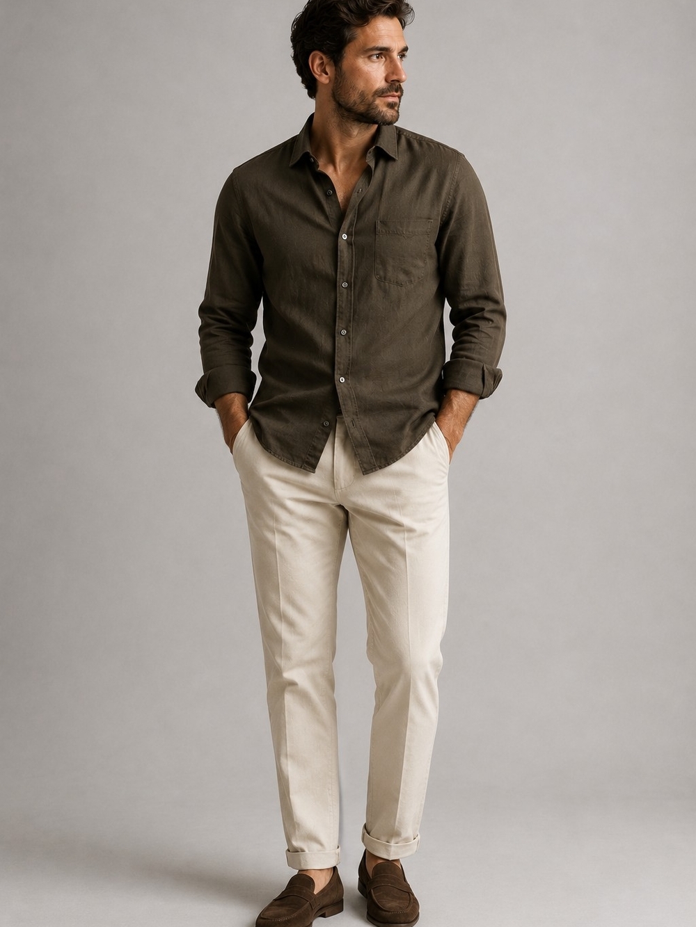Geoffrey Beene Olive Khaki Men's Button Up Shirt Minimalist Old Money Minimalist